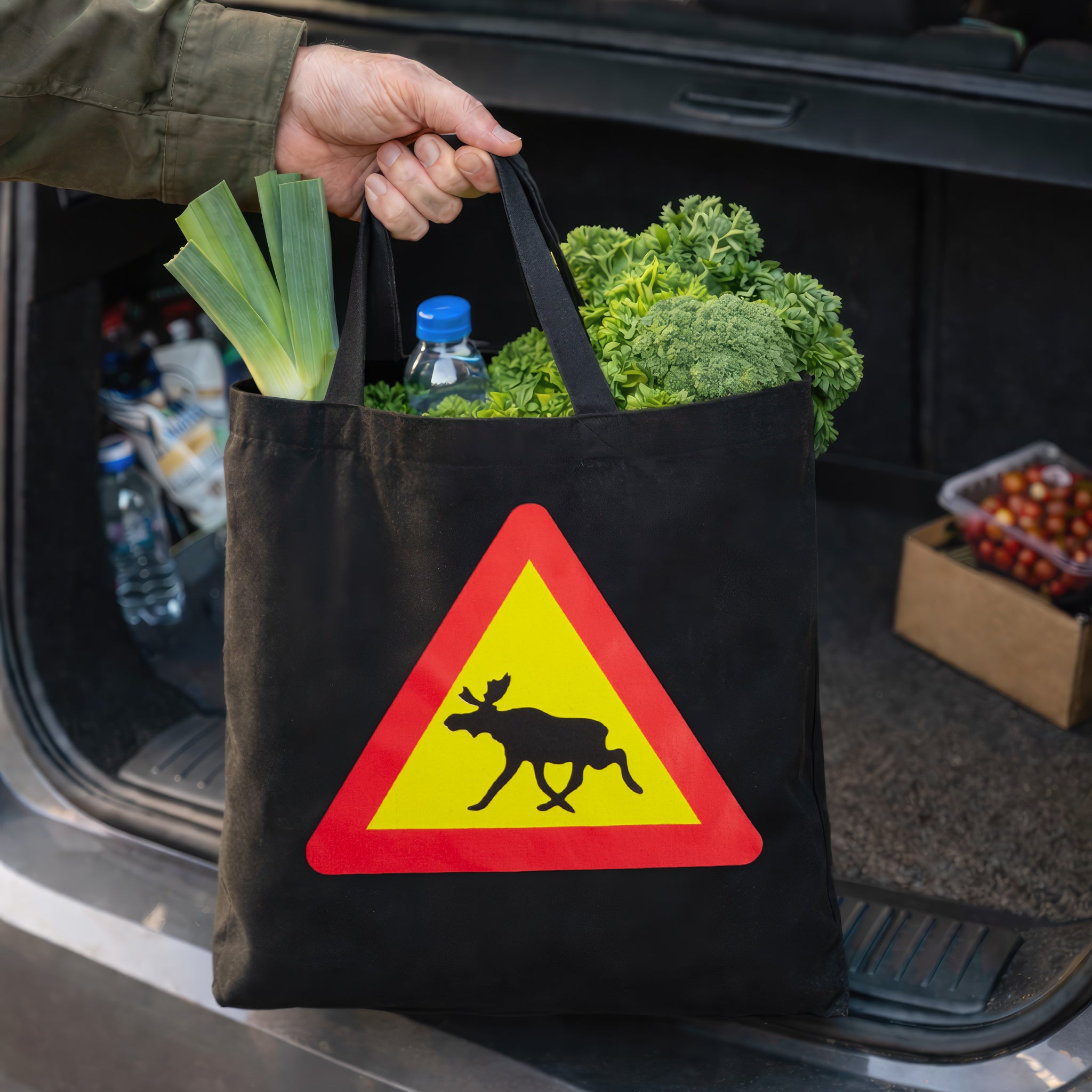 Stofftasche Schwarz - Elch-Warnschild